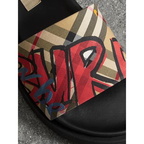 Burberry Graffiti Print Vintage Check And Leather Slides